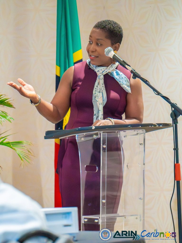 A speaker delivering remarks in front of the St. Kitts and Nevis flag at the ARIN and CaribNOG seminar